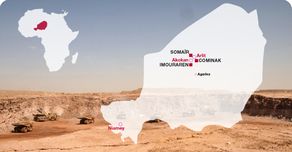 Implantations d'Areva au Niger : présent au Niger depuis plus de 50 ans, AREVA exploite dans le départementd’Arlit, au nord du pays, deux sites miniers, SOMAÏR et COMINAK, et développe à proximité le nouveau site d’Imouraren.