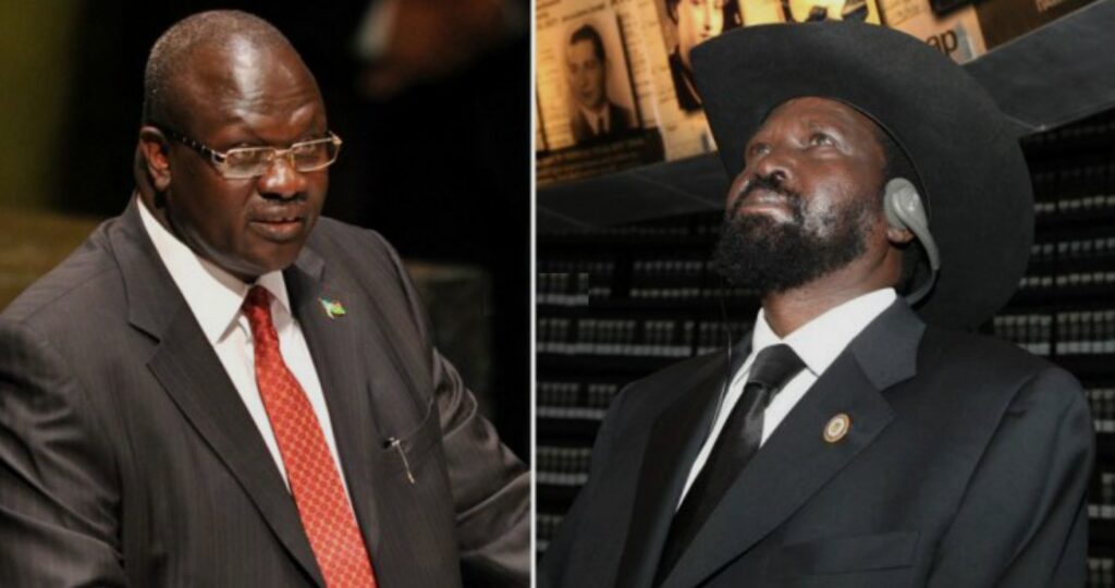 L'ex-Premier ministre Riek Machar (à gauhe) et le Président Salva Kiir (à droite) du Sud-Soudan