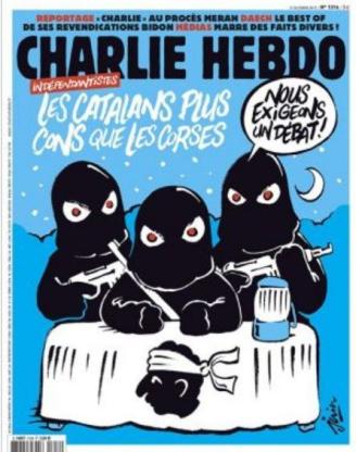 La une du dernier Charlie hebdo cette semaine. Elle est suivie d'un éditorial à vomir, "La connerie ou la mort", signé par Riss. Après l'islamophobie, la catalanophobie. 
