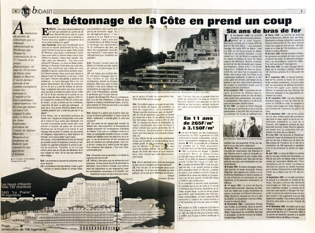 N° 1409 du 11 janvier 1996, dossier sur l’annulation du projet des Hauts d’Ilbarritz à Bidart grâce au combat de l’association dirigée par Jean Espilondo.