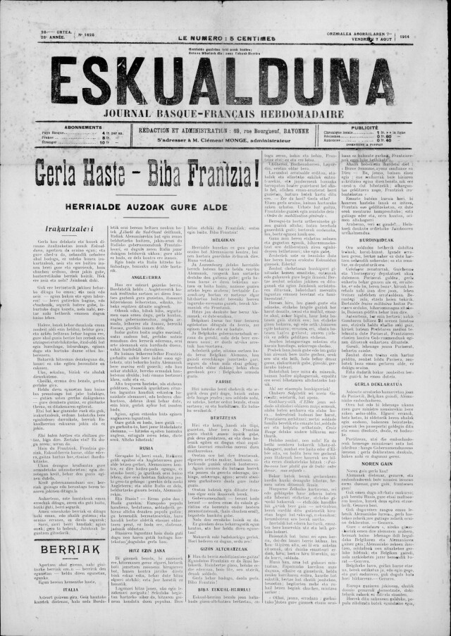 Le 7 août 1914, la une de Eskualduna, journal catholique et conservateur où s’expriment la plupart des écrivains basques de l’époque.