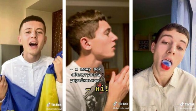 Danylo Haïdamakha, 20 ans, est devenu une star de TikTok avec ses vidéos humoristiques sur la langue ukrainienne, dont il est un ardent défenseur. De gauche à droite, il tient le drapeau ukrainien, il dit « Je peux vous servir en ukrainien » et tire la langue avec le drapeau russe. 