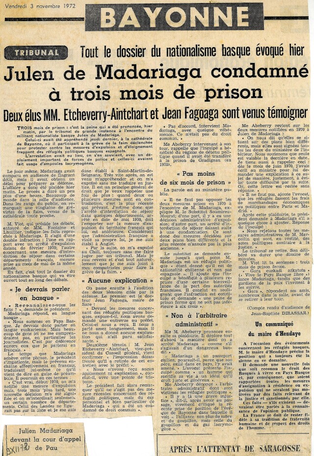 Compte-rendu du procès de Iulen Madariaga, Sud-Ouest du 3 novembre 1972.