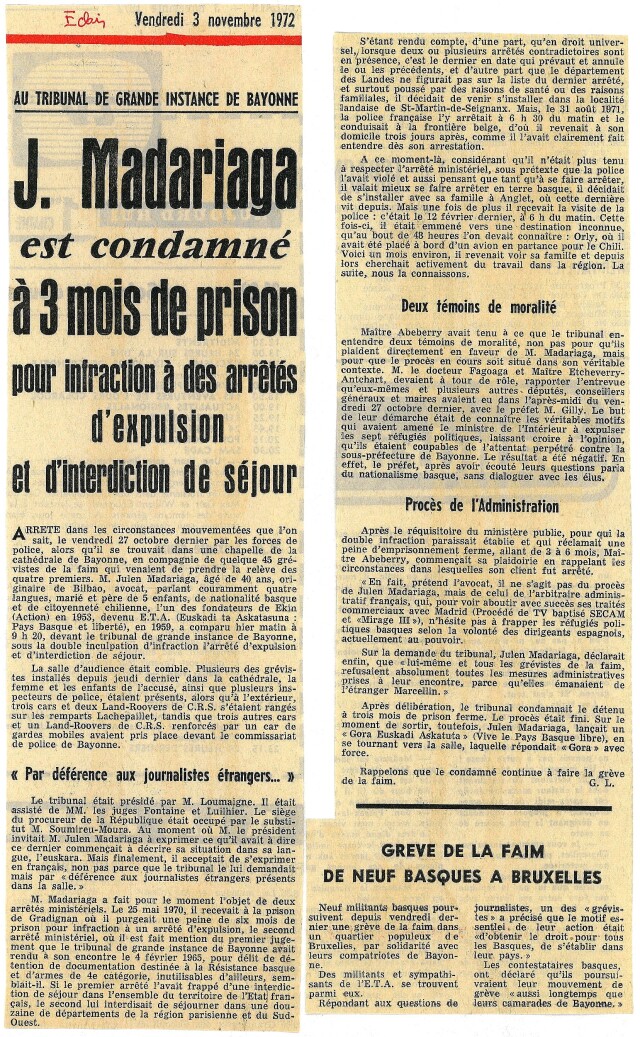 Compte-rendu du procès de Iulen Madariaga, Basque-Eclair du 3 novembre 1972.