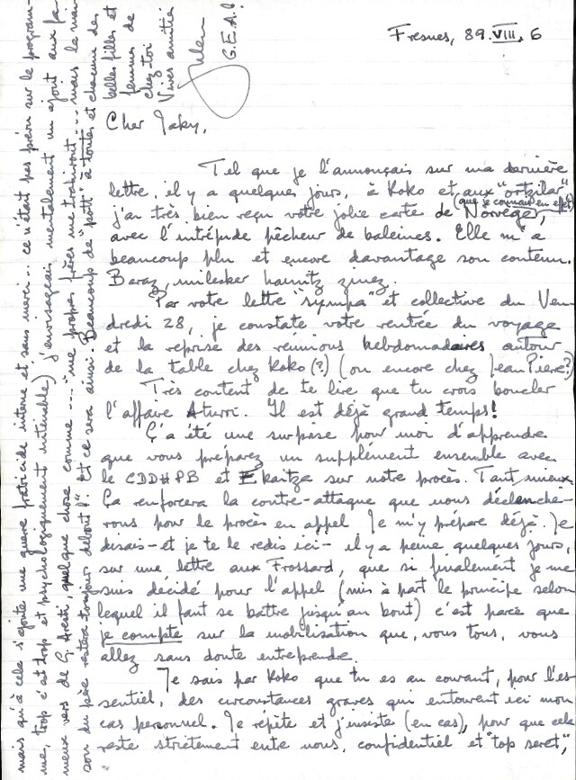 Lettre de Iulen Madariaga incarcéré à Fresnes (6 août 1989), adressée à Jakes Abeberry.