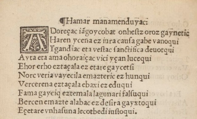 Extrait du premier document imprimé intégralement en langue basque, intitulé «Linguae vasconum primitiae» date de 1545.