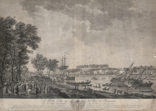Vue de la ville et du port de Bayonne- prise de l'allée Bouflers près la Porte de Mousserole, par Jacques-Philippe Le bas,1764