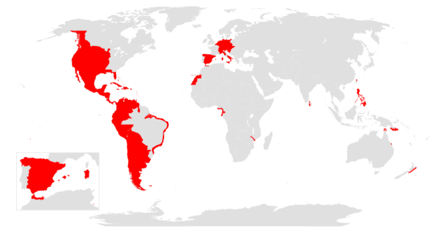 L'empire espagnol : ensemble des terres contrôlées par les monarques espagnols, du XVIe au XIXe siècles.