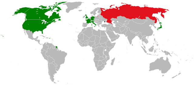 En vert Pays membres du G7 (Canada, Etats-Unis, Royaume-Uni, France, Italie, Allemagne et Japon) et en rouge la Russie, suspendue puis définitivement retirée...