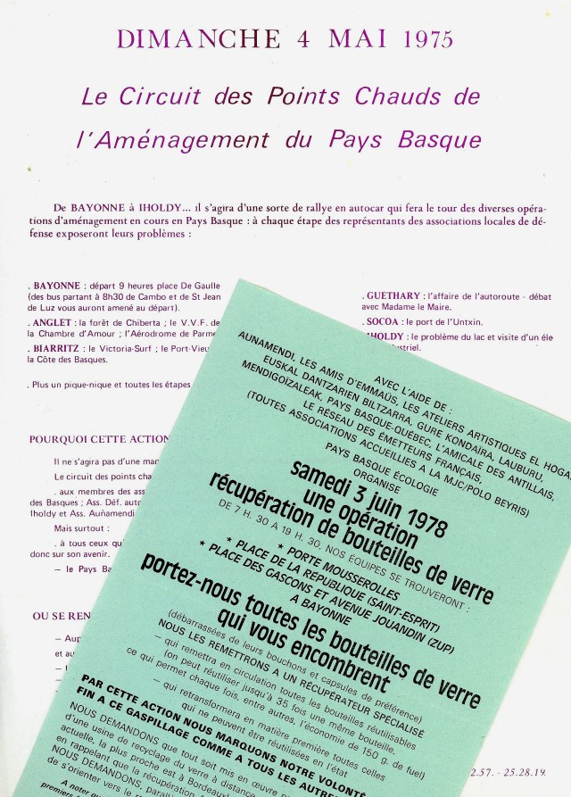 Deux tracts, l’un de Jeunes et Nature sur les sites en péril en Iparralde et l’autre de Pays Basque écologie, sur la récupération du verre soutenue par plusieurs associations culturelles basques.