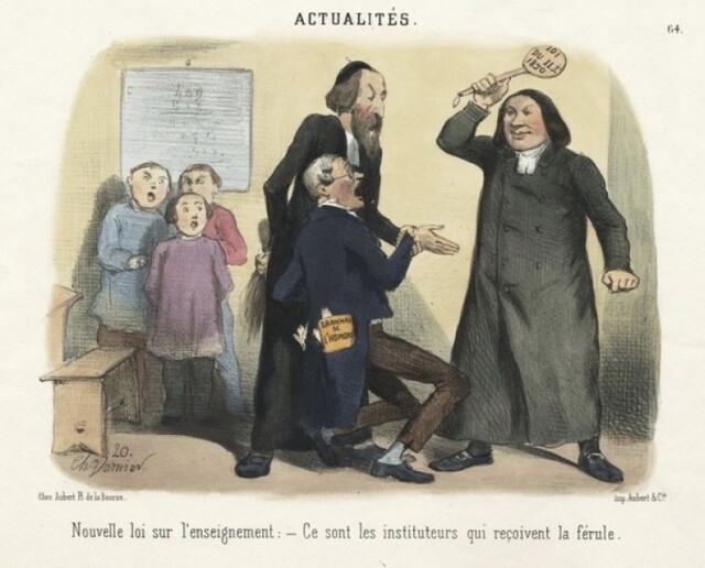 Nouvelle loi sur l'enseignement : — Ce sont les instituteurs qui reçoivent la férule. Vêtus en ecclésiastiques, Alfred de Falloux et Charles de Montalembert s'apprêtent à bâtonner un instituteur. Caricature de la « petite loi sur l'instruction » ou loi Parieu, estampe de Charles Vernier, 1850.