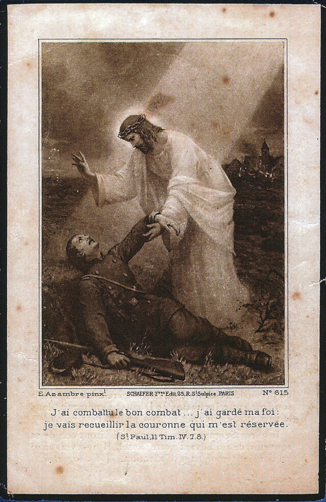 Verso de la carte commémorative de Jean-Baptiste Landaburu, mort pour la France le 13 mars 1918. Extrait de la monographie de Eric le Blay, Des Pyrénées aux tranchées, les poilus donazahartars durant la Première guerre mondiale, Memoring éditions, 2019.