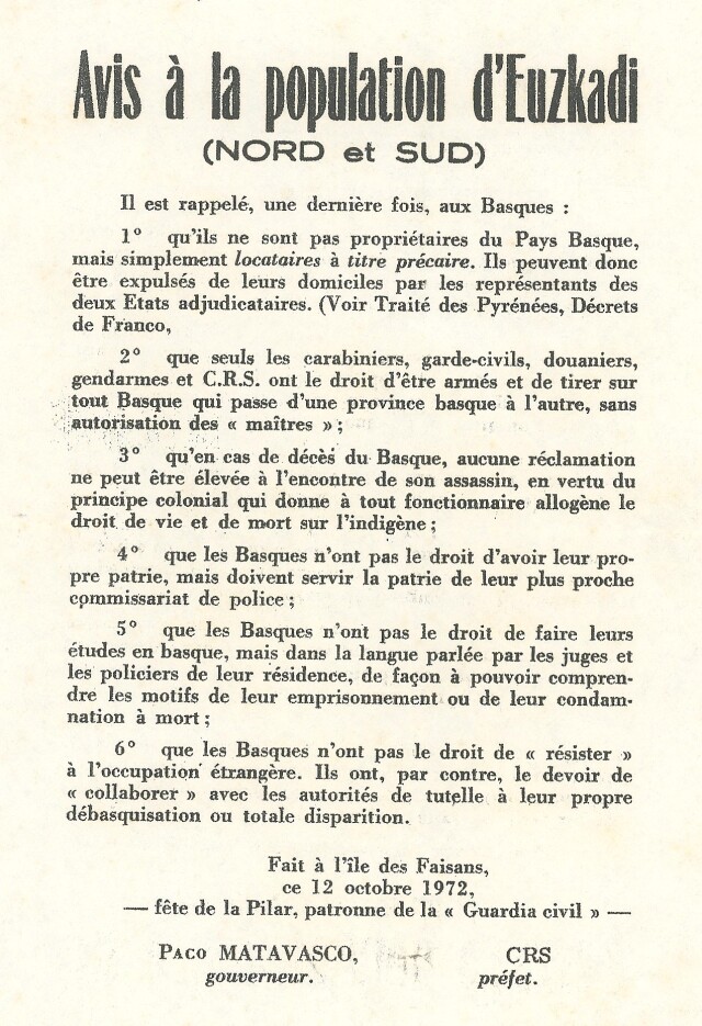 Tract de Marc Légasse diffusé au moment de la grève de la faim de 1972.