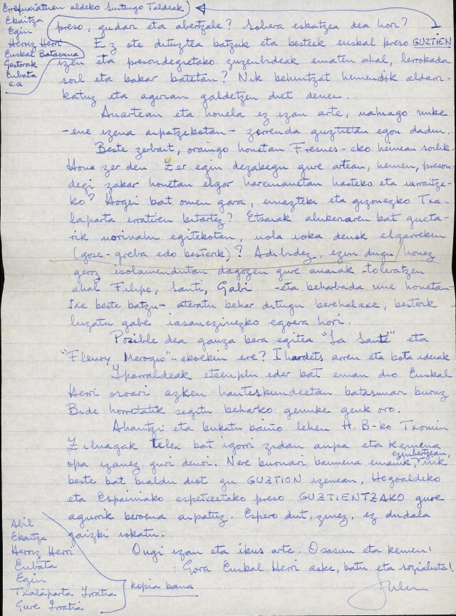 Lettre adressée de prison par Iulen Madariaga à Enbata et aux autres médias basque d'Iparralde. Il y plaide en faveur de la réconciliation des preso d'IK et d'ETA.