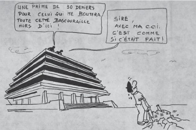 Dessin d’Etxebeltz publié dans Enbata, lors de l’éviction de R. Camblong à la tête du Conseil de développement. A gauche le siège de la CCI et à droite le symbole d'Herrikoa. 