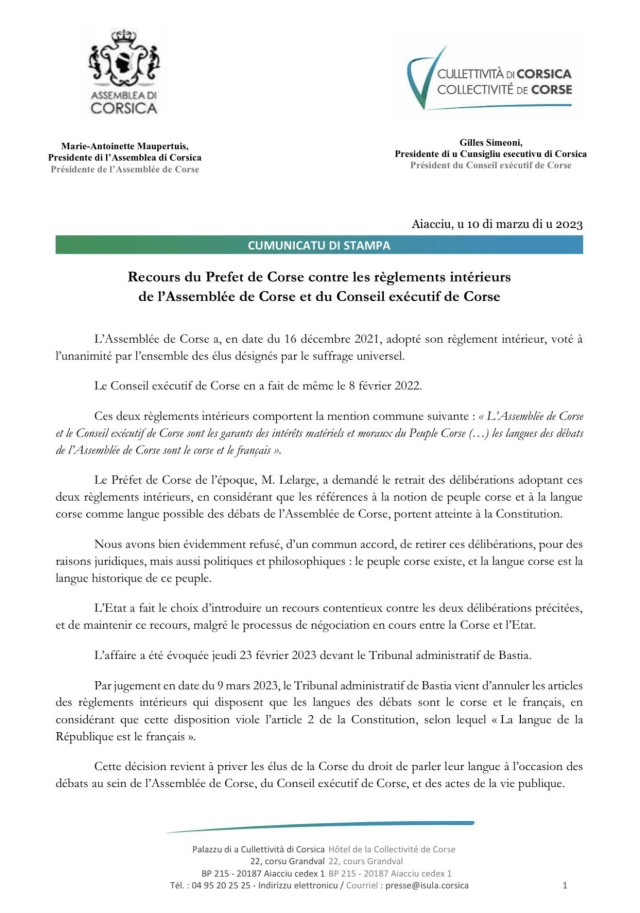 Déclaration de Gilles Simeoni, président de l’exécutif corse et de la présidente de l’assemblée de Corse, Marie-Antoinette Maupertuis
