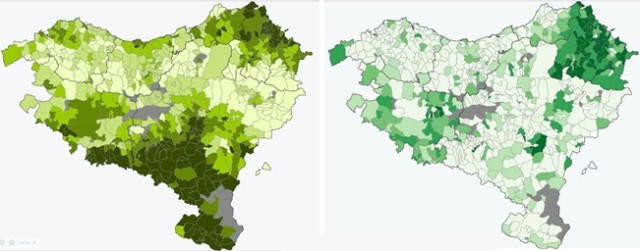 Lur landu azalera (ezkerrean) eta lehen sektoreko enpresen dentsitatea udalerrika (eskuinean). Gaindegiako atlasa.